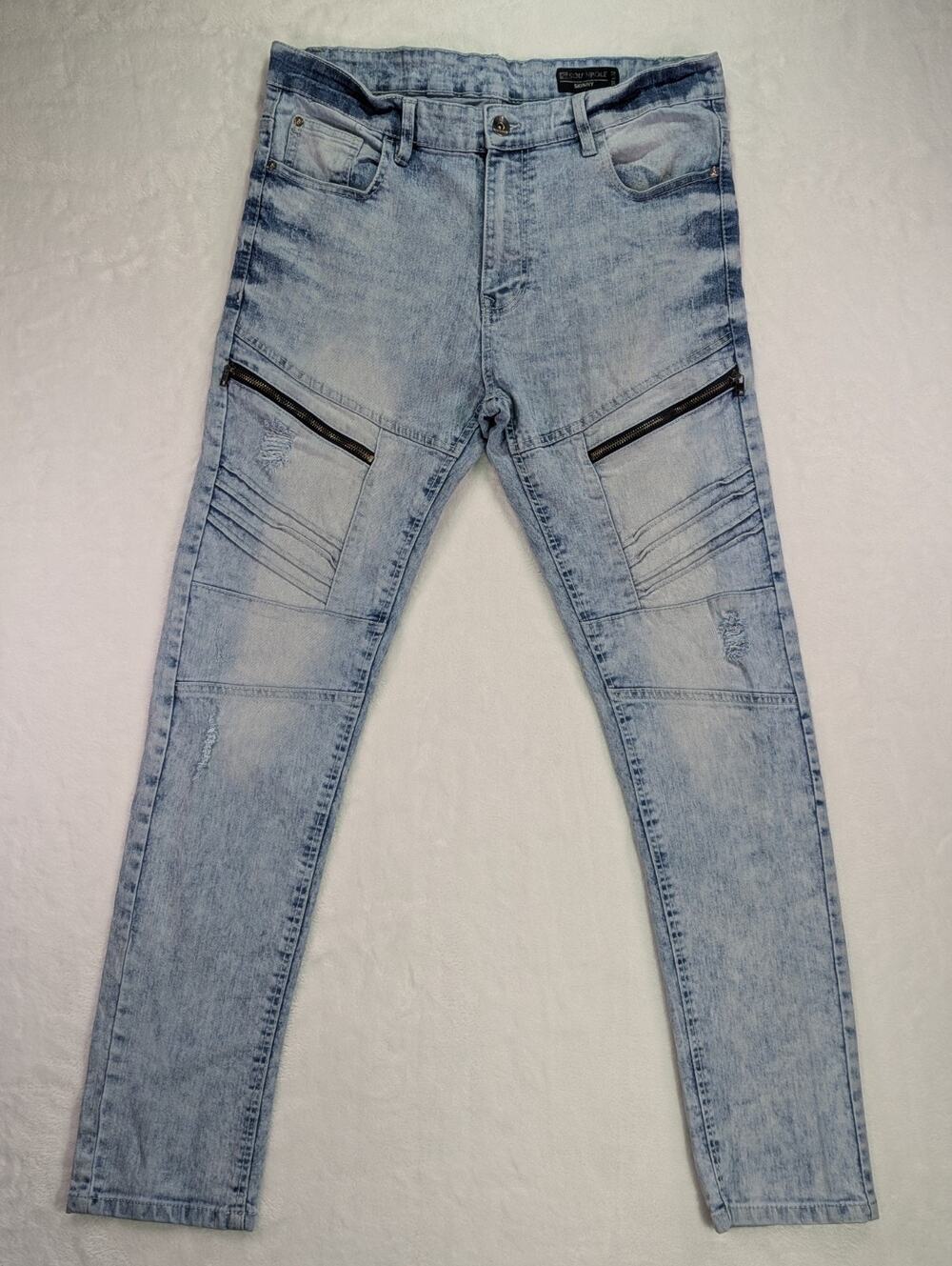 Southpole Skinny Distressed Acid Wash Jeans 36x32 Y2K Streetwear Moto Zippers